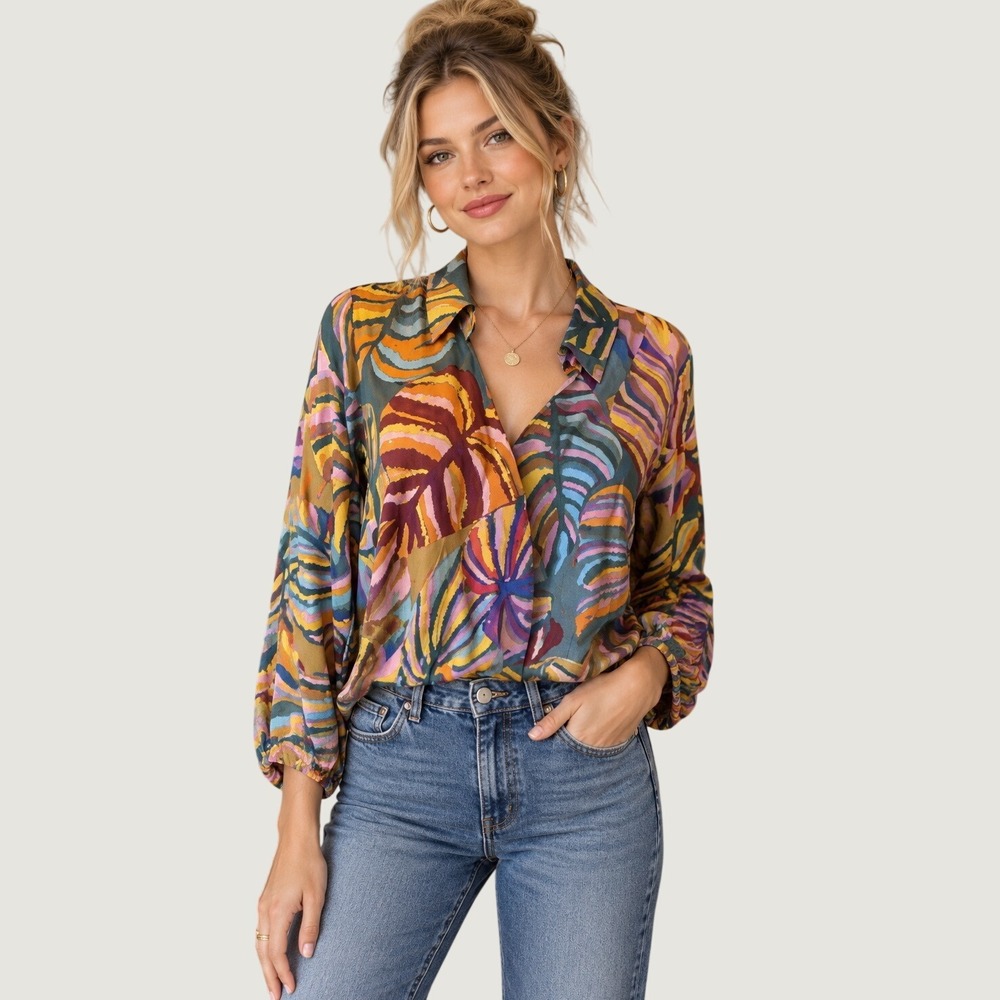 Haute Hippie Boho Surplice Blouse S Abstract Floral Draped Cropped Top